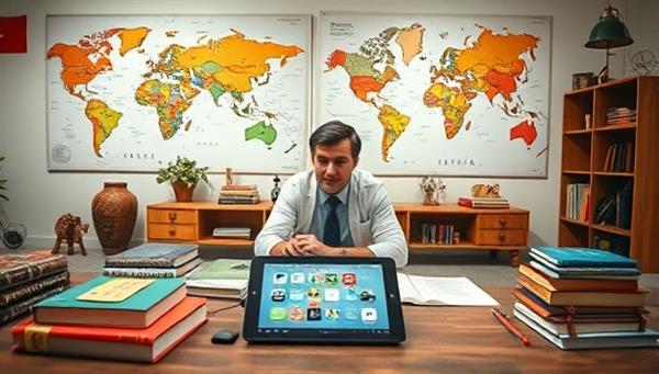 A language classroom setup with a consultant conducting a virtual language training session with a professional, surrounded by language textbooks, cultural artifacts, a world map, and language learning apps on a tablet, creating an immersive and interactive language learning environment.