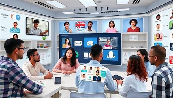An immersive visual representation showcasing a virtual language learning environment with diverse language speakers engaging in conversation, cultural activities, and language exercises on digital interfaces, promoting the interactive and engaging nature of online language learning experiences.