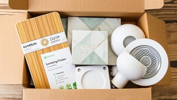 An assortment of sustainable construction materials neatly arranged in a subscription box, including bamboo flooring samples, glass tiles, and energy-efficient light fixtures, showcasing a commitment to eco-friendly building practices.