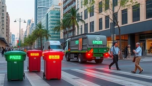 An urban streetscape with smart waste bins emitting signals indicating their fill levels, waste collection trucks efficiently navigating the route based on real-time data, and residents actively recycling, illustrating the clean and sustainable impact of CleanCity Solutions