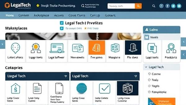 An interactive online marketplace interface showcasing a variety of legal tech products and services, with user-friendly navigation and search features, displaying legal software icons and legal tech categories, illustrating the convenience and accessibility of LegalTech Hub for legal professionals seeking innovative solutions.