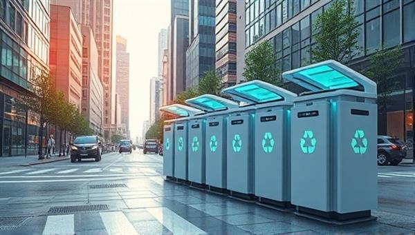 A futuristic cityscape with smart recycling bins seamlessly blending into the urban environment, showcasing a harmonious fusion of technology and sustainability.