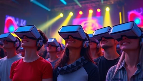 An illustration of a diverse group of people in virtual reality headsets, enjoying a digital concert experience with vibrant visuals and dynamic lighting, capturing the excitement of a live music event from home.