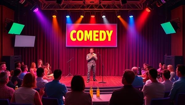 A lively visual of a virtual comedy club stage with comedians performing, audience avatars laughing and applauding, and a virtual bar serving digital drinks, creating a vibrant and interactive comedy experience that brings laughter to viewers worldwide.
