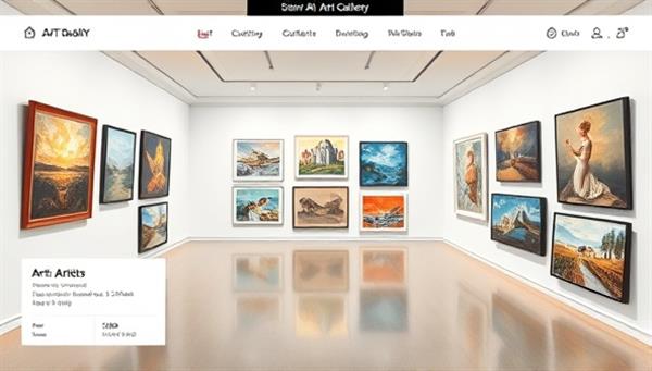 A digital art gallery interface showcasing a diverse collection of artworks displayed in a sleek and interactive virtual space, with options to zoom in on details, view artist information, and make purchases, capturing the immersive and engaging virtual art gallery exhibition experience.