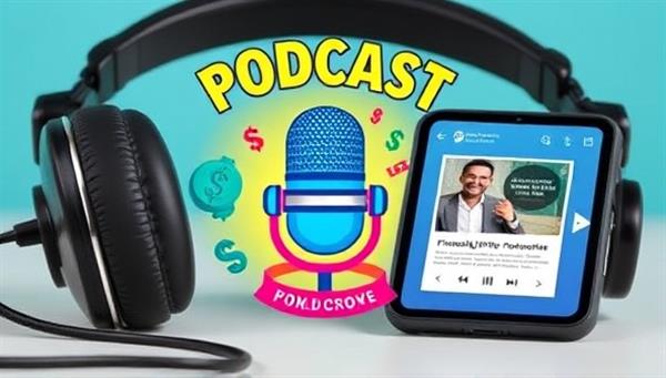 A podcast cover art design featuring a microphone, financial symbols, and vibrant colors, conveying a dynamic and informative podcast network for financial literacy enthusiasts, set against a backdrop of headphones and a smartphone playing a podcast episode.