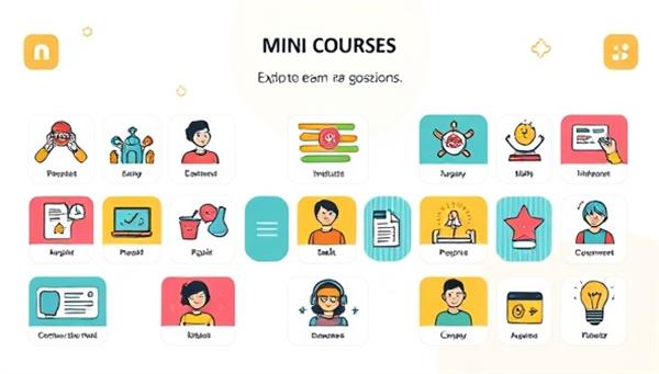 An illustration showcasing a diverse selection of mini-courses on a digital platform, with icons representing different skills and interests, inviting users to explore and learn through interactive modules.