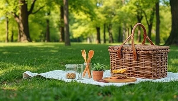 An image of a picturesque picnic setup in a lush green park, showcasing the eco-friendly picnic kit with bamboo utensils, organic snacks, and a reusable picnic basket, inviting customers to embrace nature responsibly.