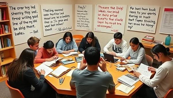 A dynamic workshop setting with teenagers immersed in creative writing activities, sharing ideas, reading excerpts, and brainstorming story plots, surrounded by inspiring quotes, books, and writing tools, fostering a vibrant and collaborative writing community.