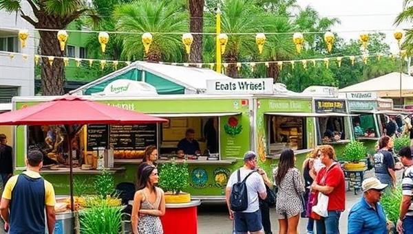 A vibrant image of a lineup of sustainable food trucks at a bustling food festival, showcasing diverse culinary options, eco-friendly practices, and happy customers enjoying delicious meals, representing the unique and sustainable dining experience offered by EcoEats Wheels.