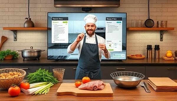 An interactive virtual cooking class setup featuring a chef showcasing a culinary technique or recipe, with ingredients, kitchen tools, and a digital recipe guide displayed on the screen, creating a dynamic and engaging cooking experience for participants in a virtual kitchen setting.