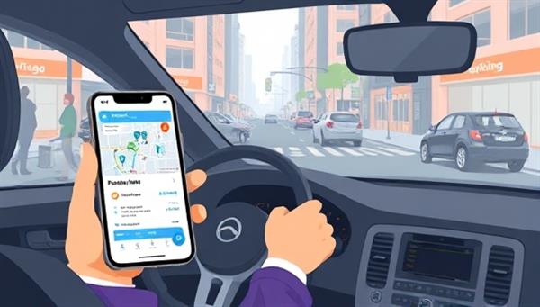 A dynamic illustration showcasing a driver using the ParkEase Connect app to secure a parking spot in a busy urban area, with a digital map displaying available spaces, pricing details, and a seamless booking process, illustrating convenience, tech-savvy solutions, and urban mobility.