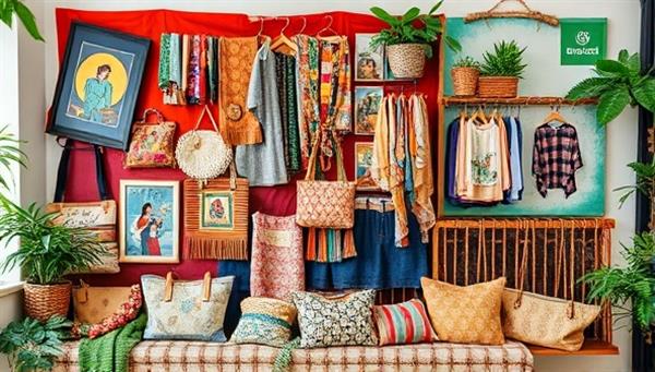 An array of upcycled textile products, including bags, scarves, and garments, displayed in a vibrant and eco-friendly setting, surrounded by eco-conscious branding elements and sustainable fashion accessories, reflecting the innovative and environmentally friendly approach of the textile upcycling studio.