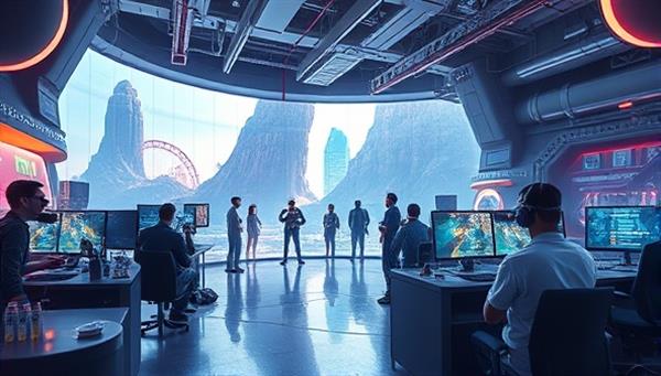 An imaginative concept art of a futuristic virtual reality gaming studio with developers creating immersive worlds, characters, and gameplay elements, capturing the essence of innovation and creativity in VR game development.