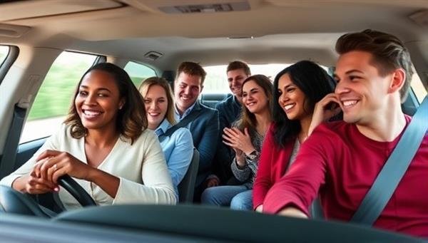 A vibrant and diverse group of professionals and students carpooling together in a shared vehicle, smiling and chatting during their commute, showcasing the community and environmental benefits of RideShare Connect.