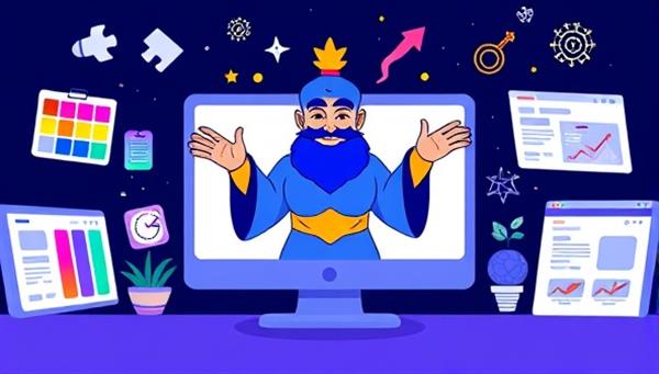 An illustration of a magical genie emerging from a computer screen, surrounded by design elements like color palettes and website wireframes, symbolizing the AI-assisted creativity of DesignGenie.