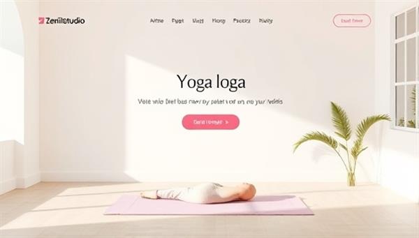 A serene and minimalist website mockup for a yoga studio, featuring soft pastel colors, calming imagery, and nature-inspired elements, creating a tranquil and harmonious online environment that resonates with wellness brands and health-conscious audiences, encapsulating the essence of ZenSite Studios
