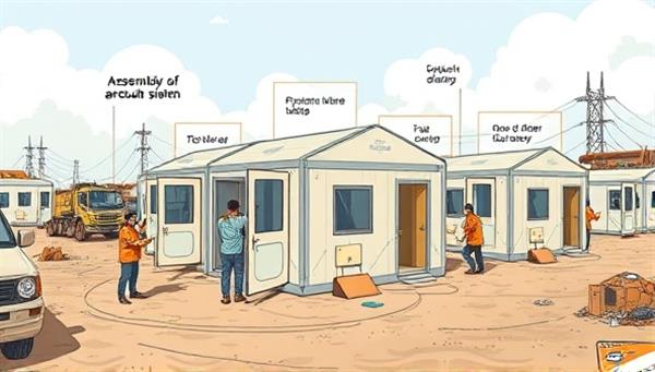 An illustration showing the assembly process of SafeHaven Modules in a disaster-stricken area, with volunteers setting up modular shelter units amidst a relief operation, emphasizing the quick deployment and practicality of the shelter kits from SafeHaven Modules.