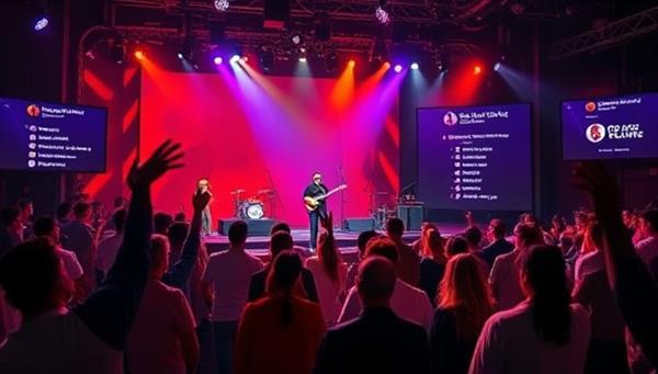 An online concert setting with a dynamic stage, virtual audience members interacting with the artists through chat features, and personalized song requests displayed on screens, creating a vibrant and engaging atmosphere.