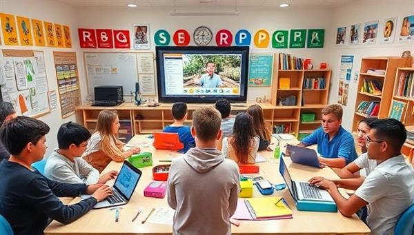 A virtual classroom setting with a diverse group of students engaged in a lively online learning session, surrounded by colorful educational materials and digital devices, creating a vibrant and inclusive educational environment.