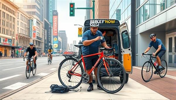 An artistic depiction of a mobile repair technician fixing a bike on the sidewalk, surrounded by a bustling cityscape and happy cyclists passing by, showcasing the convenience and efficiency of BikeFix Now.
