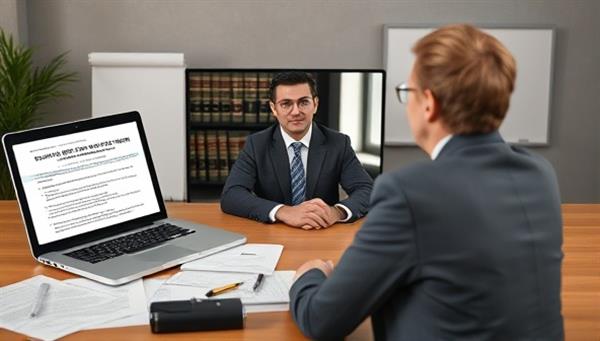 A virtual legal consultation scenario with a lawyer advising a small business owner on contract terms via a video call, surrounded by legal documents and a laptop displaying relevant laws, creating a professional and accessible legal support experience for small businesses.