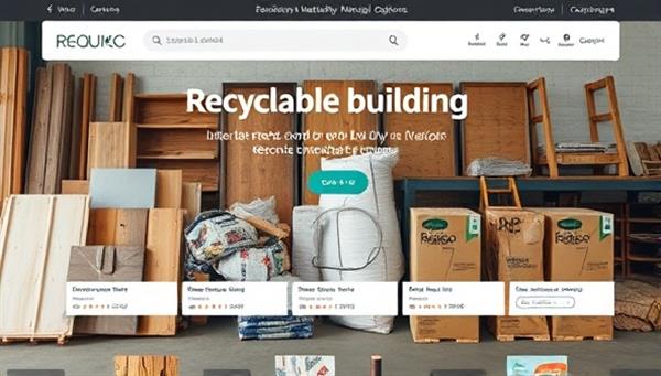 An online platform interface featuring a variety of recycled building materials for sale, including reclaimed wood, salvaged metal fixtures, and surplus insulation, with a user-friendly search function and eco-friendly packaging options, conveying the concept of sustainable material sourcing through a digital marketplace.