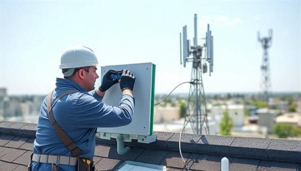 An installation technician optimizing a mobile network signal booster on a rooftop with a clear view of nearby cell towers, showcasing the expertise and precision involved in improving signal strength for enhanced mobile connectivity.