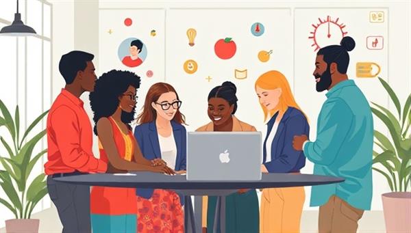 An artistic representation of diverse individuals collaborating in a modern workplace setting, showcasing inclusivity and teamwork, with various cultural symbols integrated into the design.