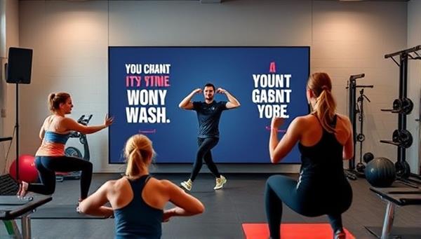 An energetic virtual workout session with a fitness coach leading a group of participants through dynamic exercises on a digital screen, surrounded by fitness equipment and motivational quotes, creating a vibrant and engaging fitness atmosphere for online accountability coaching.