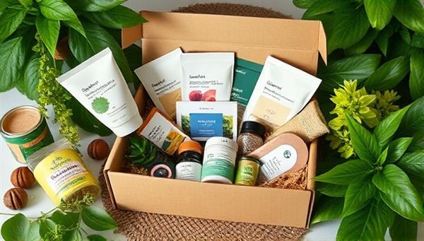 An aesthetically pleasing subscription box filled with an assortment of eco-friendly goodies, surrounded by lush greenery and natural elements, exuding a sense of sustainability and conscious living.