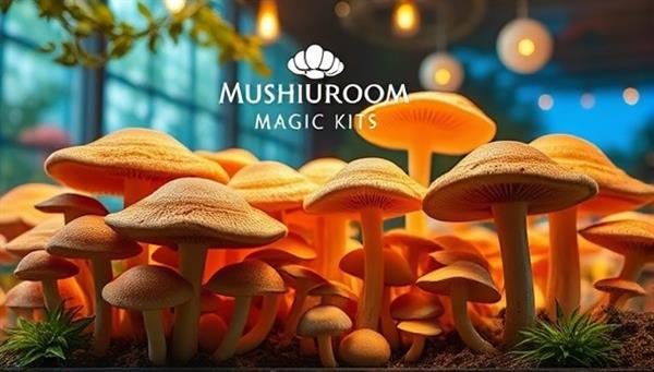 An enchanting image of exotic gourmet mushrooms growing in a beautifully designed indoor space, with soft lighting enhancing the natural textures and colors of the mushrooms, creating a magical and appetizing visual display, with a subtle logo of Mushroom Magic Kits adding a touch of whimsy and sophistication.