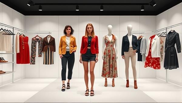 A virtual fashion showroom interface showcasing a range of stylish outfits, accessories, and designer pieces for users to virtually try on and mix-and-match, creating a dynamic and interactive shopping experience in a digital fashion world.