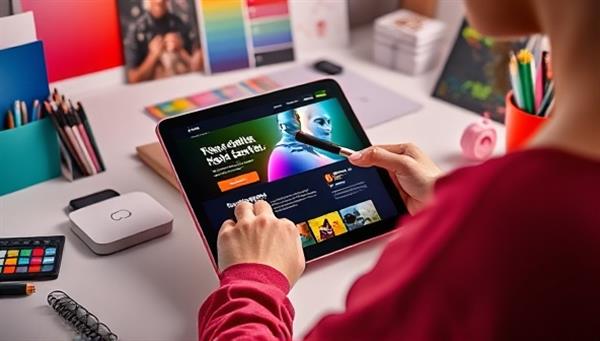 A digital artist crafting a website layout on a high-tech tablet, surrounded by a vibrant color palette and design inspirations, creating a modern and artistic workspace.