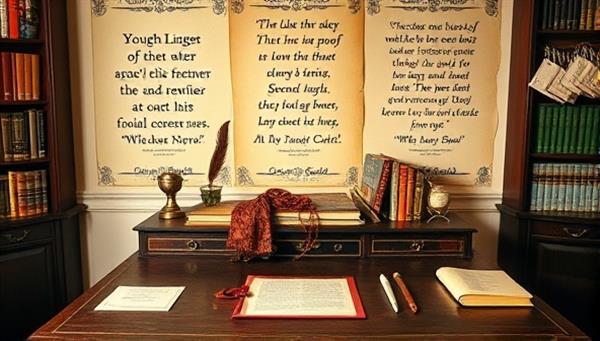 An elegant writing desk adorned with books, quills, inkwells, and parchment, surrounded by inspirational quotes and imagery of famous literary figures, creating a serene and inspiring space for writers seeking guidance and creativity.