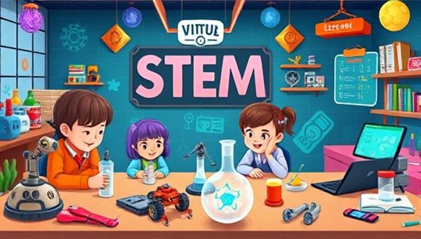 A colorful and dynamic virtual STEM workshop setting with kids exploring robotics kits, conducting science experiments, and coding on tablets, guided by animated STEM characters, fostering curiosity and creativity in a digital learning environment.