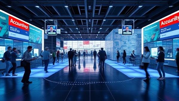 An interactive virtual marketplace where business owners and freelance accountants connect seamlessly, with digital avatars representing users engaging in accounting transactions, highlighting the convenience and efficiency of AccounTrade Hub.