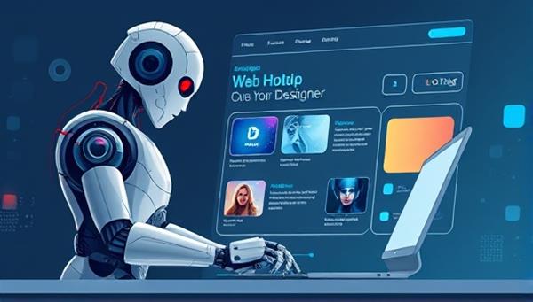 An illustration of a futuristic robot working side by side with a human designer, creating a website layout using advanced technology, symbolizing the blend of AI and human creativity in web design.