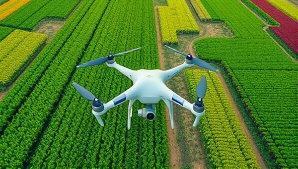 An aerial view captured by a drone showing lush green farmlands with colorful crop patterns, illustrating the potential of drone-based agricultural monitoring in optimizing crop growth and yield.