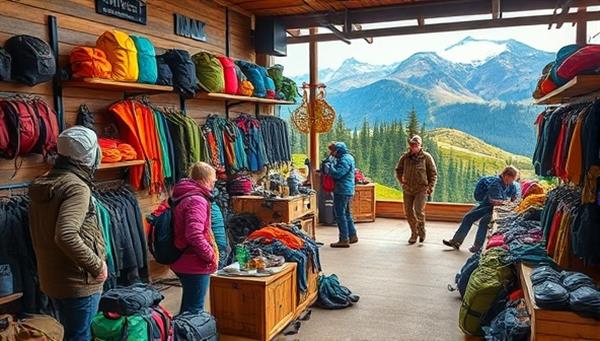 An outdoor adventure hub showcasing a variety of expedition gear, hiking equipment, and travel accessories, with enthusiastic explorers trying out gear and planning their next adventure trips, surrounded by a backdrop of scenic landscapes and outdoor activities, capturing the spirit of exploration and adventure.