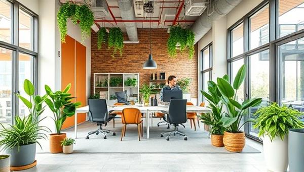 An eco-friendly office setting with sustainable materials, indoor plants, and energy-efficient lighting, showcasing a green workspace environment and sustainability in practice, creating a visually appealing and environmentally conscious image.