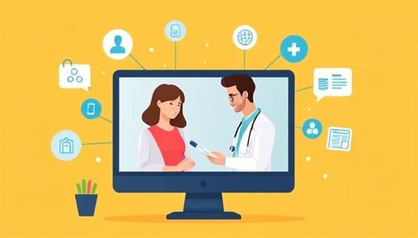 An engaging graphic showcasing a virtual consultation between a patient and a specialist on a computer screen, with medical icons and digital health records in the background, illustrating the convenience and expertise available on the VirtualMed Connect platform.