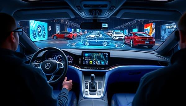An interactive car tech playground with futuristic car displays, interactive AR dashboards, and virtual reality driving simulators, surrounded by tech enthusiasts exploring the latest automotive innovations, creating a futuristic and immersive experience.