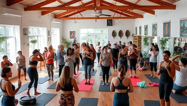 An inviting and lively community space with various wellness activities happening simultaneously, showcasing a vibrant atmosphere filled with individuals of all ages engaging in fitness classes, workshops, and social interactions, fostering a sense of community well-being.