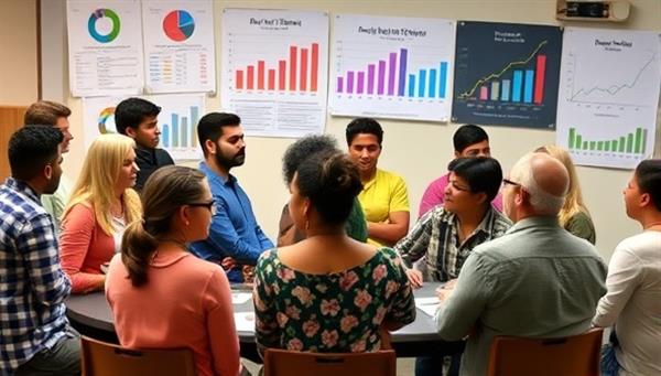 A diverse group of people of various ages and backgrounds attending a financial workshop, actively participating in discussions and activities, with visuals of budgeting charts and investment graphs in the background, symbolizing financial empowerment and education.