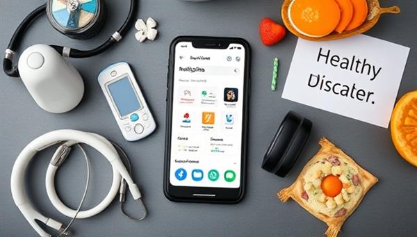 A user-friendly mobile app interface displayed on a smartphone screen, surrounded by medical devices, health trackers, healthy snacks, and motivational messages, creating a tech-savvy and health-conscious digital disease management environment.