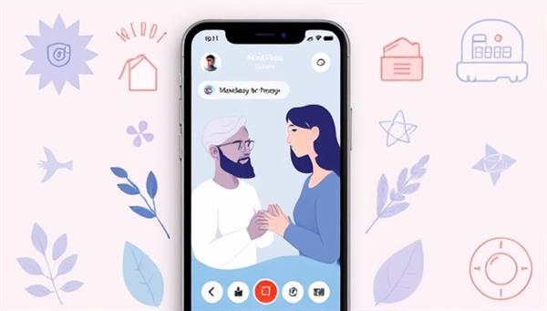 An app interface showcasing the MindEase Companion virtual therapist AI engaging in a supportive conversation with a user, surrounded by calming mental wellness graphics and tools, conveying empathy and understanding in mental health support and therapy.
