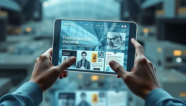 An interactive AR preview of a website design floating in a real-world setting, with hands manipulating elements like text, images, and menus, creating an engaging and futuristic visualization of AR Web Preview in action.