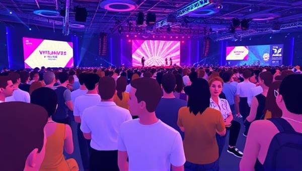 An immersive virtual event scene with avatars attending a concert, networking, and participating in workshops, showcasing the interactive and engaging nature of VirtualVibe