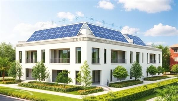 An architectural rendering showcasing a modern building with integrated solar panels on the roof and facades, surrounded by lush greenery and renewable energy symbols, illustrating the seamless blend of sustainability and architectural aesthetics in SolarScape Solutions